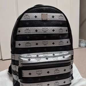 MCM Large Spot Visetos Black and Silver Coated Canvas Leather Backpack